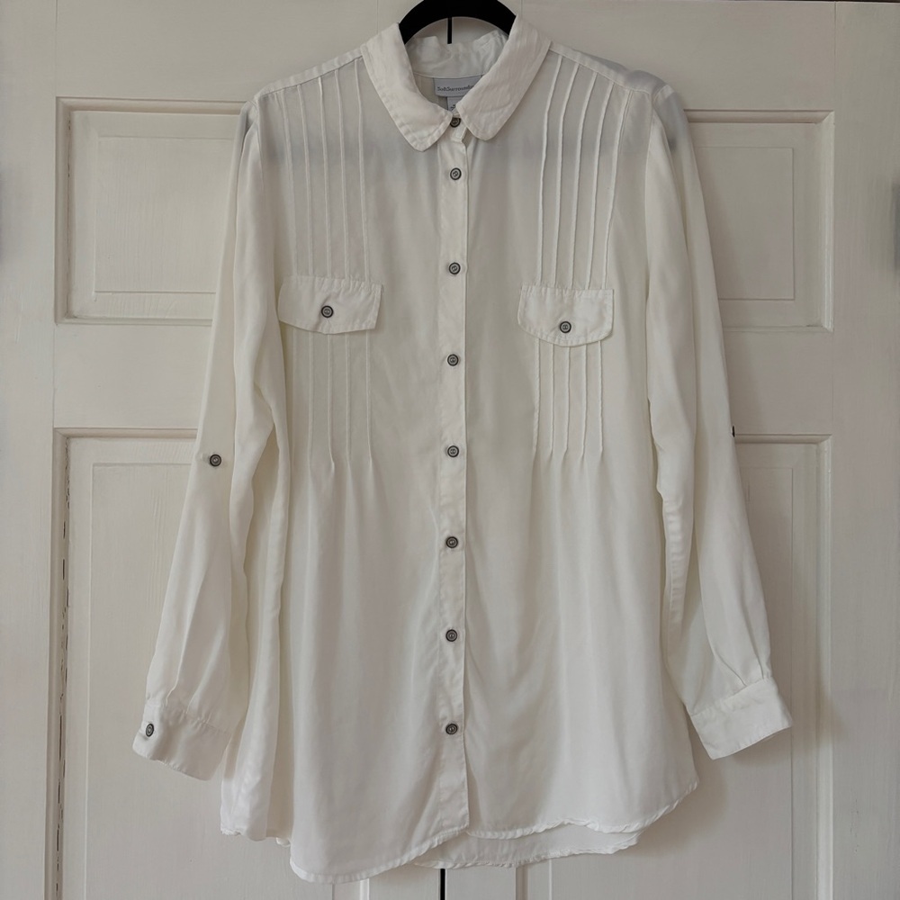 Soft Surroundings White Pintucked Pleated Button Up‎ Collared Blouse Size Large